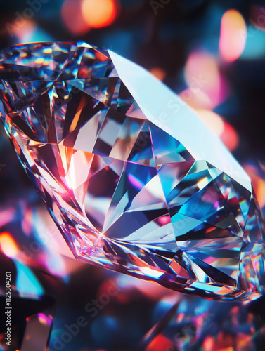 A mesmerizing close-up of a flawless diamond illuminated by colorful ambient lights, casting prismatic reflections in shades of blue, pink, and gold. The intricate facets of the gemstone sparkle brill photo