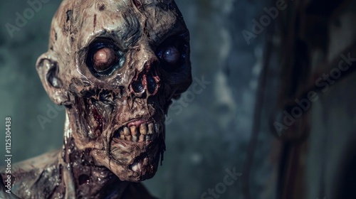 Horrifying zombie with decayed skin and empty eyes, showcasing a frightful expression against a dark, eerie background filled with shadows and unsettling textures