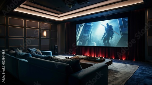 A photo of a home theater room with a projector