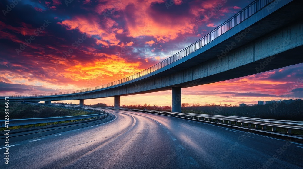 Obraz premium A sleek highway road curving under a modern overpass, glowing with the warm hues of a vivid sunset sky.