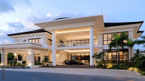 A striking modern two-storey house features a distinctive roof on three fronts, surrounded by vibrant greenery and towering trees