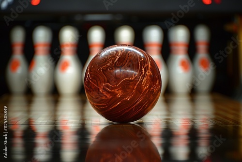 Dynamic close up of a bowling ball striking pins from below in a ten pin bowling game photo