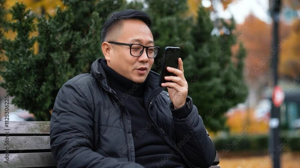 Asian man uses smartphone to make voice call while sitting on a bench in a park in autumn Asian man uses smartphone to make voice call while sitting on a bench in a park in autumn