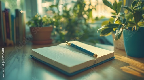 A tranquil and inviting workspace featuring a blank notebook alongside vibrant plants, perfect for enhancing creativity