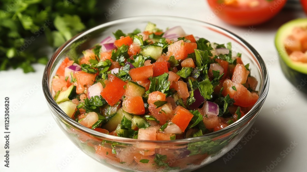 Fresh Tomato Cucumber Salad in Glass Bowl Fresh Tomato Cucumber Salad in Glass Bowl