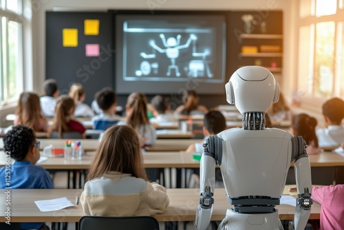Humanoid robot teaching in a school classroom and students sitting at their desks with a digital whiteboard in the background