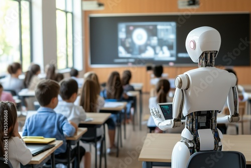 Humanoid robot seen from behind with a tablet in hand, teaching a class in a school to young students