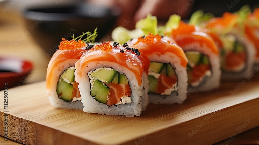 Delicious salmon sushi rolls with avocado and cucumber on wooden board. Delicious salmon sushi rolls with avocado and cucumber on wooden board.