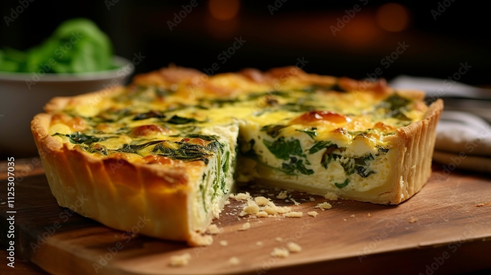 A photo of a freshly baked quiche with spinach A photo of a freshly baked quiche with spinach