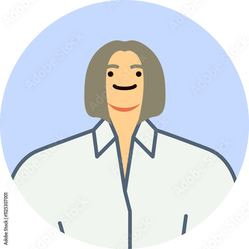 Smiling professional woman with gray hair and a white shirt, set against a light blue circular background, creating a modern and approachable avatar icon