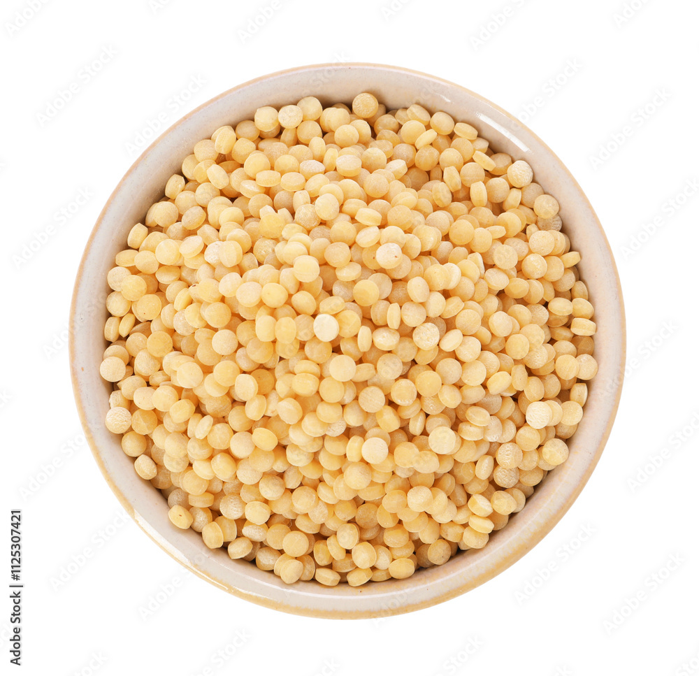 Raw couscous in bowl isolated on white, top view Raw couscous in bowl isolated on white, top view