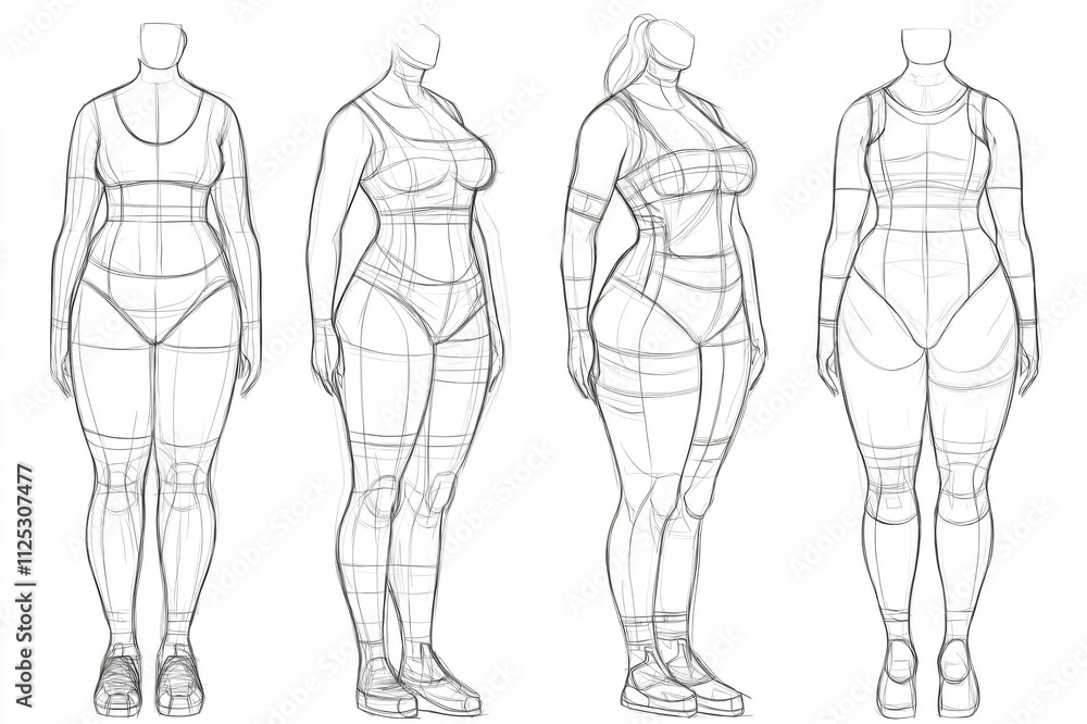 Four plus size fashion figure templates showing realistic body proportions for fashion designers Four plus size fashion figure templates showing realistic body proportions for fashion designers