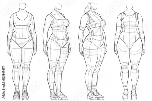 Four plus size fashion figure templates showing realistic body proportions for fashion designers