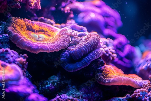 Vivid fluorescent corals glowing in vibrant purple and orange hues underwater photo