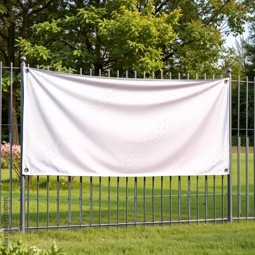 Large white banner, outdoor event, metal fence, lush green trees, sunny day, park setting, blank signage, announcement display, summer festival, community gathering, white fabric, temporary installati photo