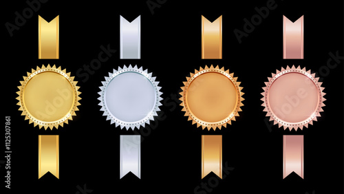 Realistic 3D Gold, Silver, Bronze, and Rose Gold Medal Set with Vertical Ribbons – Premium Award Seals for Winners, Labels, Certificates, and Badges. Vector.