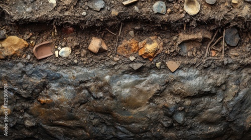 stratified trench showing layers of earth with pottery shards and artifacts visible at different levels photo