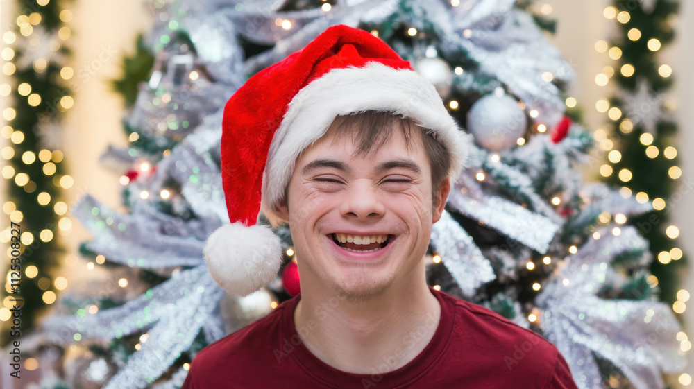 A joyful young man with Down syndrome wearing a festive Santa hat, smiling broadly in front of a beautifully decorated Christmas tree. A joyful young man with Down syndrome wearing a festive Santa hat, smiling broadly in front of a beautifully decorated Christmas tree.