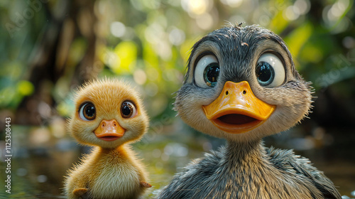 The image features two cute animated ducklings with large expressive eyes photo