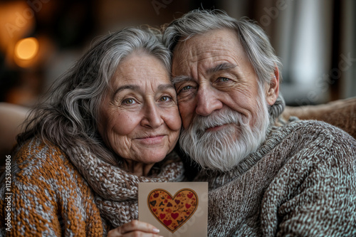 The image shows an elderly couple sitting closely together, holding a card with a heart design photo