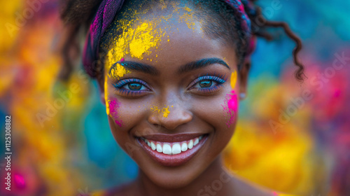  a person with colorful powder on their face, likely participating in a festival or event celebrating vibrant colors photo