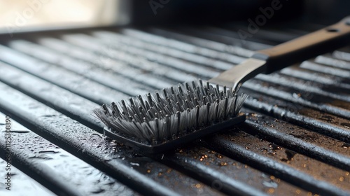 Grill cleaning actionstiff bristle brush on bbq grate kitchen product close-up wet environment maintenance concept photo