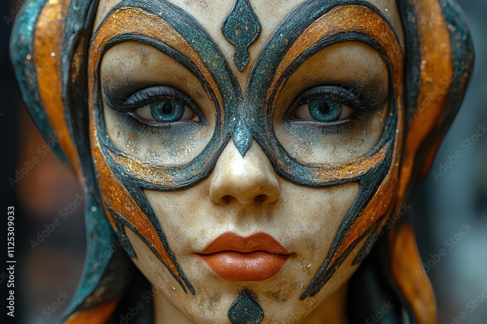 A detailed sculpture of a woman with intricate face paint and striking blue eyes. A detailed sculpture of a woman with intricate face paint and striking blue eyes.