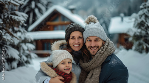 family on vacation in winter against the background of a snow-covered house, close-up