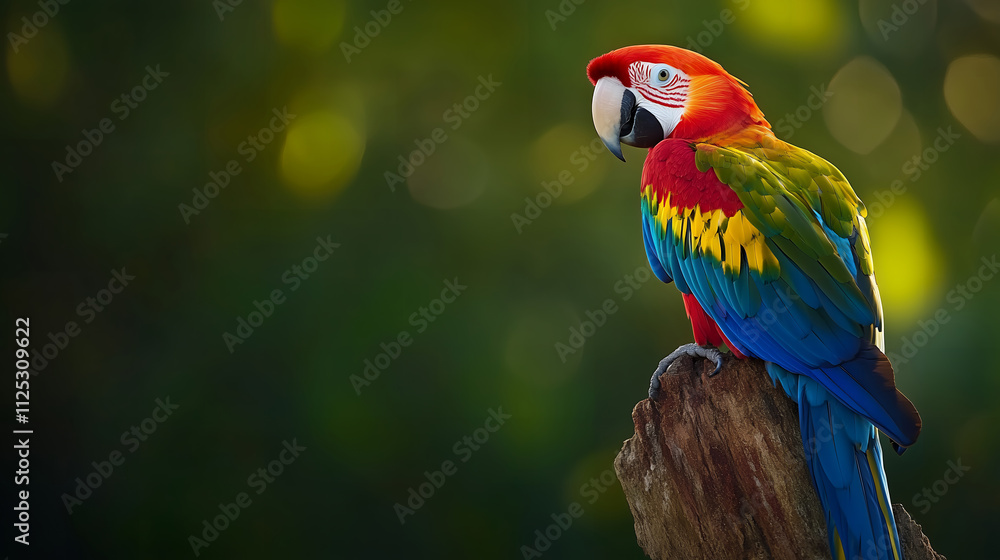 Obraz premium Scarlet macaw perched on driftwood, Vibrant parrot perched on natural wood