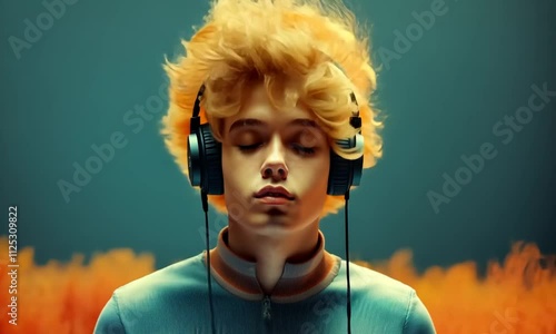 Blonde boy lost in music with leaves and autumn vibes photo