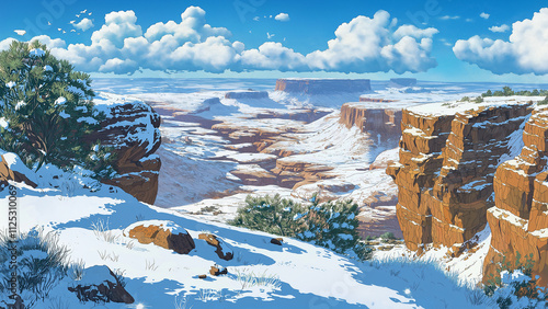 Desert canyons. Illustrations that look like a scene from an anime or game background. Blue sky, sun, clouds, sunset, night, fog, snow, rain, autumn, cherry blossoms, etc. photo