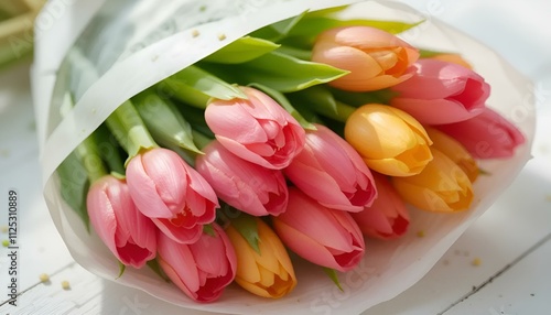 Beautiful bouquet of pink and yellow tulips wrapped in soft paper

 photo