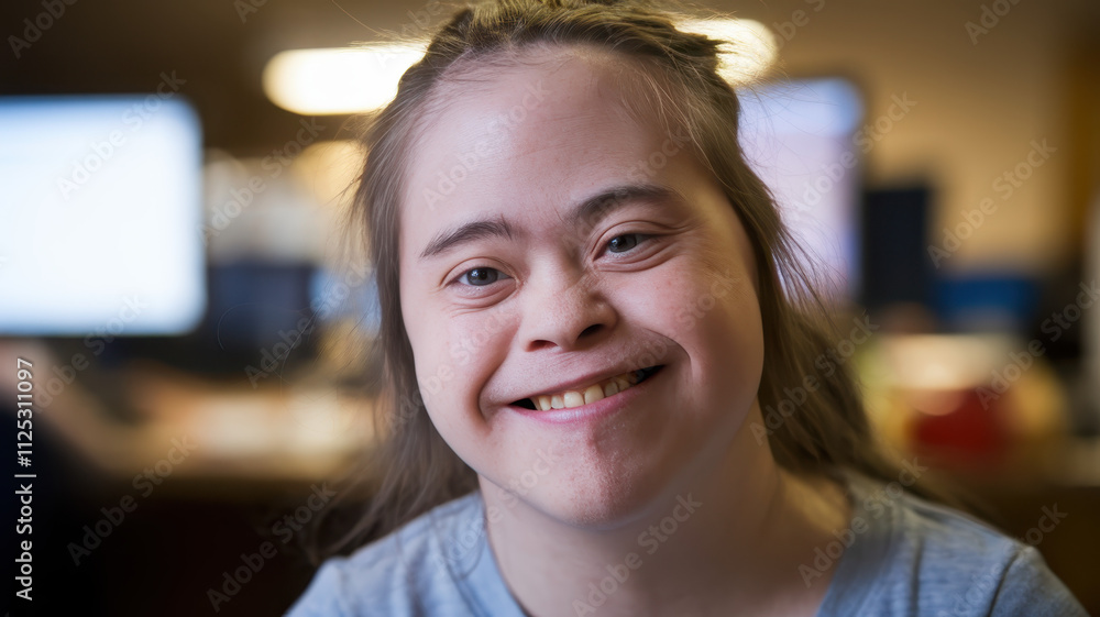 Smiling young woman with Down syndrome in a cozy office setting, radiating joy and positivity. Smiling young woman with Down syndrome in a cozy office setting, radiating joy and positivity.