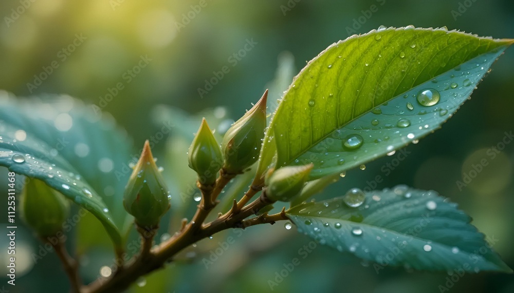 Fototapeta premium Close-up of fresh green leaves with water droplets on a branch in a natural setting