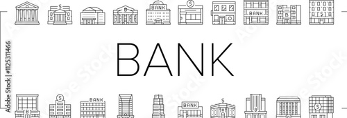 bank building money business icons set vector. finance city, government office, cityscape financial, house tax, investment economy bank building money business black contour illustrations