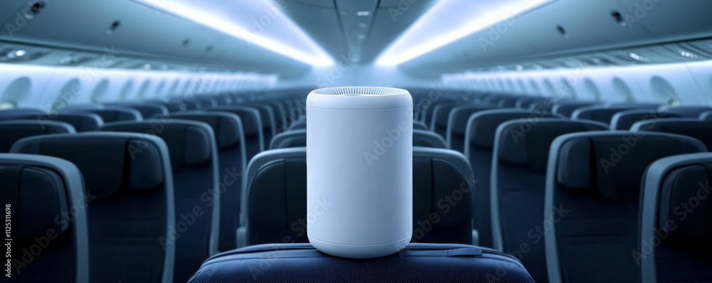 Fototapeta premium A modern audio device sits prominently on a passenger seat in an empty airplane cabin, showcasing a blend of technology and travel.