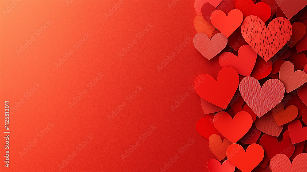 cluster of red hearts of varying textures and shades arranged along the right side against a solid red backdrop Creates a romantic Valentines Day feel cluster of red hearts of varying textures and shades arranged along the right side against a solid red backdrop Creates a romantic Valentines Day feel