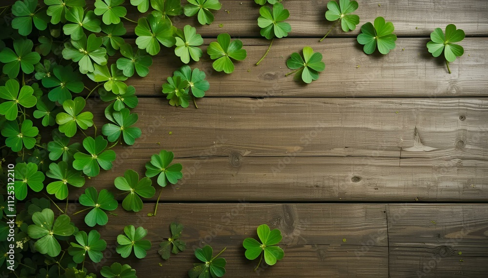 Fresh green shamrocks arranged on a rustic wooden surface for St. Patrick's Day Fresh green shamrocks arranged on a rustic wooden surface for St. Patrick's Day