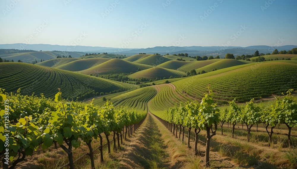 Fototapeta premium Scenic vineyard landscape with lush green grapevines rolling over gentle hills under a clear sky