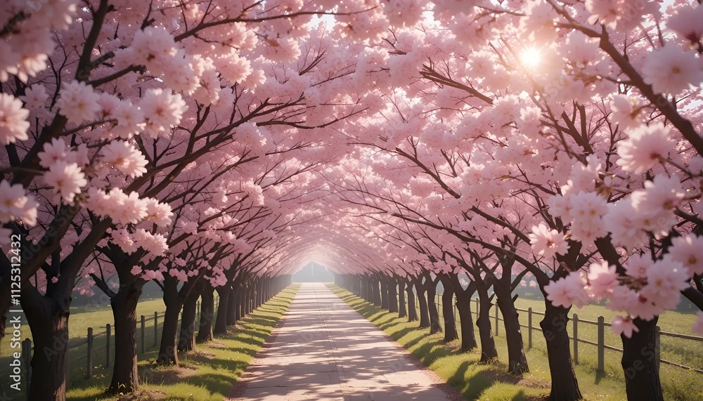 Beautiful alley of blooming cherry blossom trees creating a stunning spring pathway Beautiful alley of blooming cherry blossom trees creating a stunning spring pathway