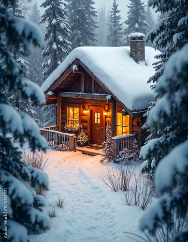 Winter Wonderland with a Snow Covered Cabin and Pathway