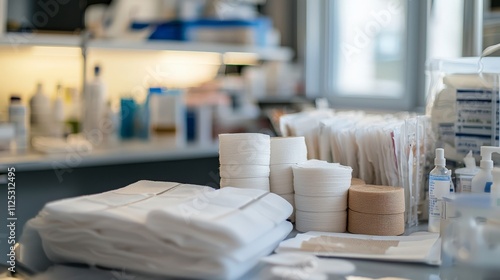 Close-up of veterinary supplies pet bandages and dressings in a clean clinic environment showcase
