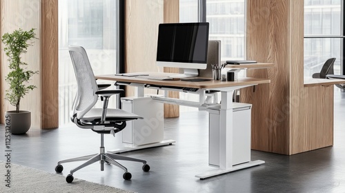 Modern ergonomic office workstation with adjustable height desk photo