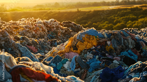 Textile Waste Landfill Sunset  Environmental Pollution  Recycling Crisis  Clothing Disposa photo