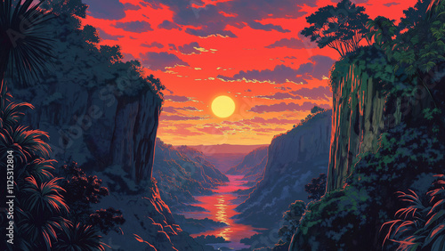 Forest canyon. Illustrations that look like a scene from an anime or game background. Blue sky, sun, clouds, sunset, night, fog, snow, rain, autumn, cherry blossoms, etc. photo