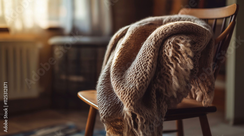 Wallpaper Mural Cozy knitted blanket draped over a wooden chair in a warmly lit room during late afternoon Torontodigital.ca