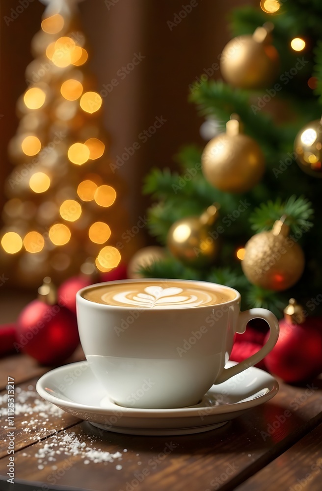 A hot cup of coffee with a Christmas tree in the background. A hot cup of coffee with a Christmas tree in the background.