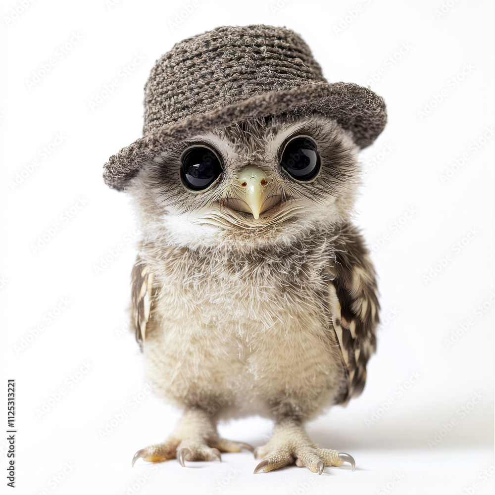Obraz premium Adorable baby owl wearing a tiny knitted hat, standing against a white background, showcasing its fluffy feathers and captivating wide eyes.