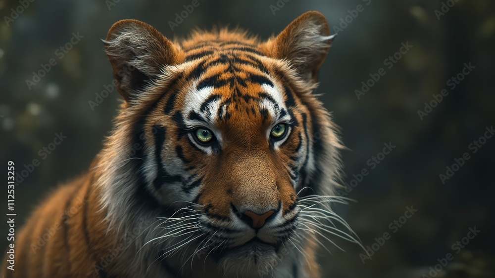 A close up of a tiger's face with green eyes A close up of a tiger's face with green eyes