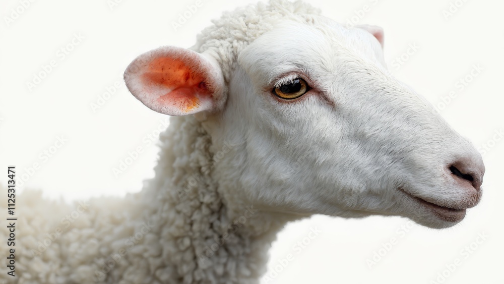 A close up of a white sheep with yellow eyes A close up of a white sheep with yellow eyes